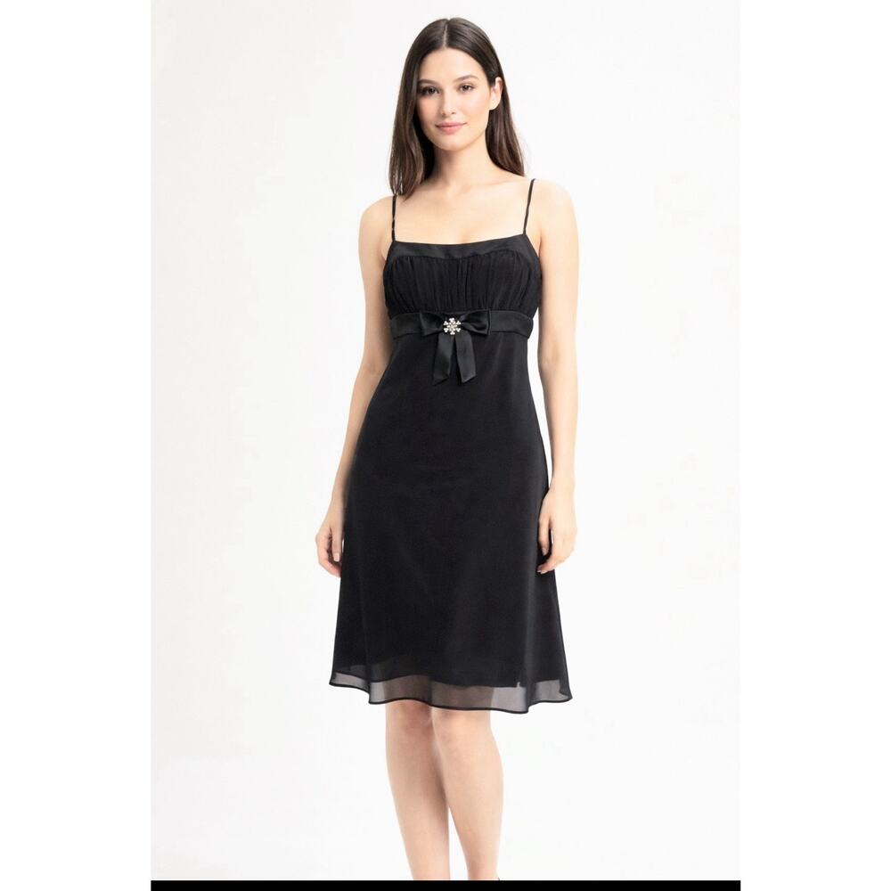 Y2K little black Dress 6 Baby-doll Chiffon Spaghetti Bow Rhinestone Knee Length
